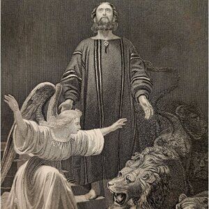 1873 Daniel In The Lion's Den Steel Engraving Victorian Bible Antique F12A